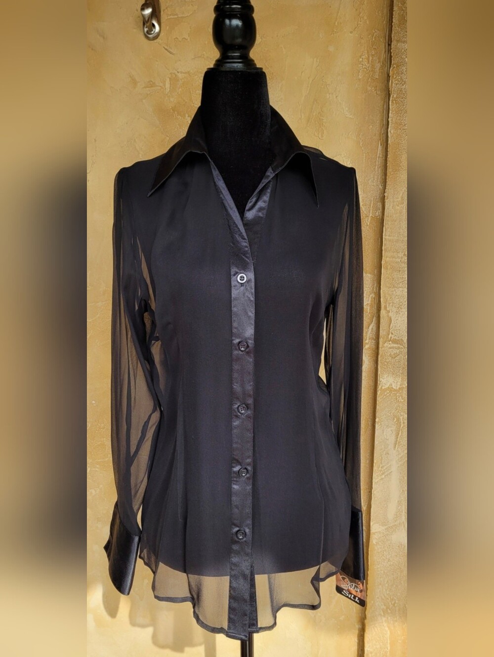 Rare Vintage 90s Shirley of Hollywood Silk Top Sheer Black button-down blouse S